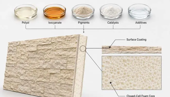 PU stone panels are made from a polyurethane system